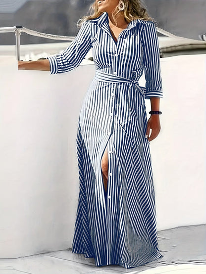 Tiffany | Casual Long Sleeve Striped Print Dress — Navy Blue — Alfa Empire, view 1