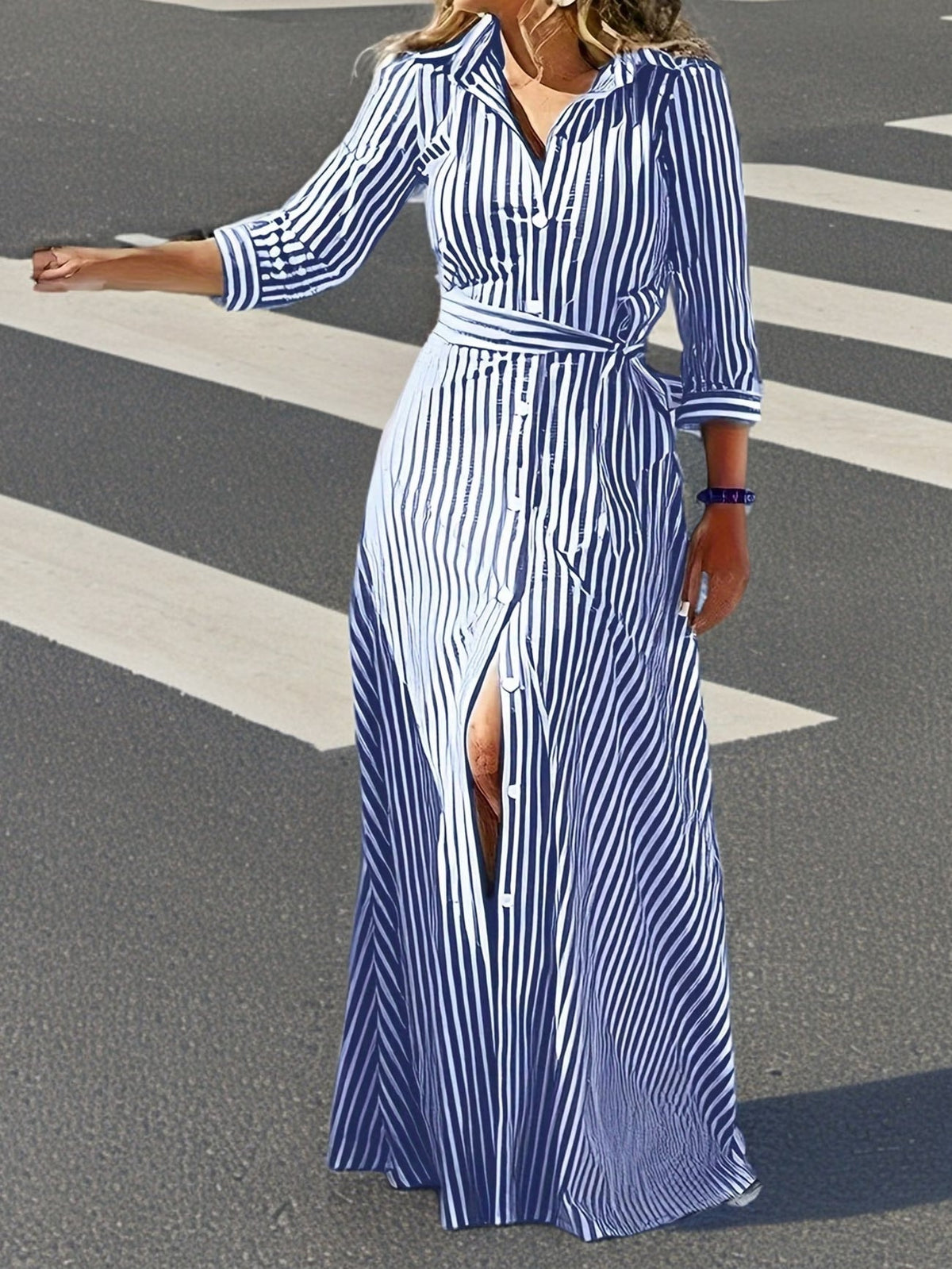 Tiffany | Casual Long Sleeve Striped Print Dress — Blue — Alfa Empire, view 2