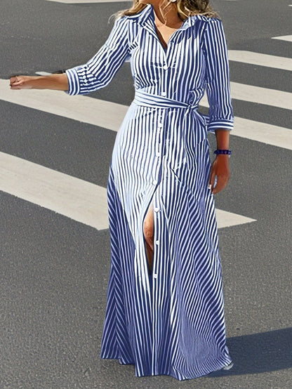 Tiffany | Casual Long Sleeve Striped Print Dress — Blue — Alfa Empire, view 2