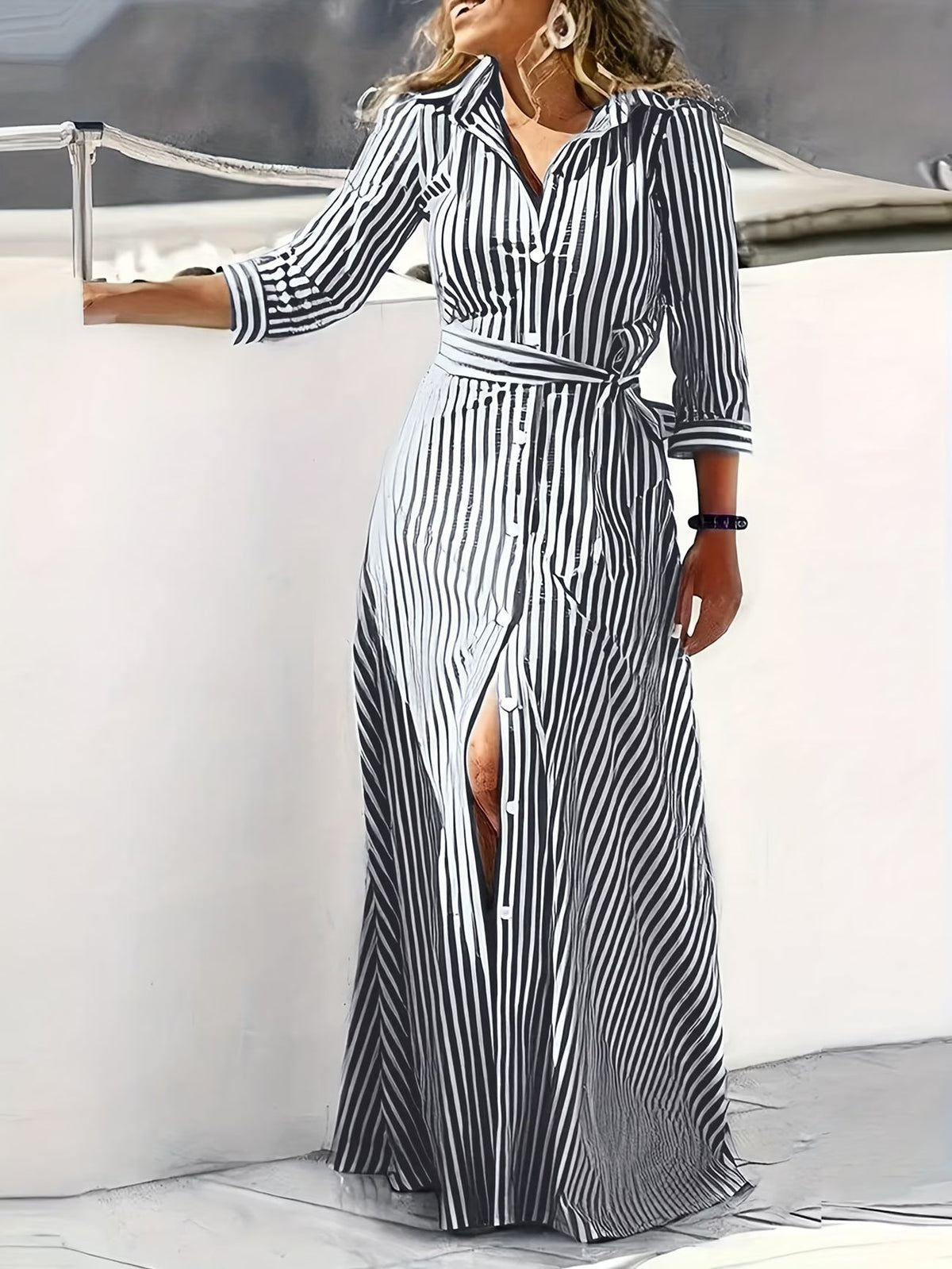 Tiffany | Casual Long Sleeve Striped Print Dress — Black — Alfa Empire, view 3