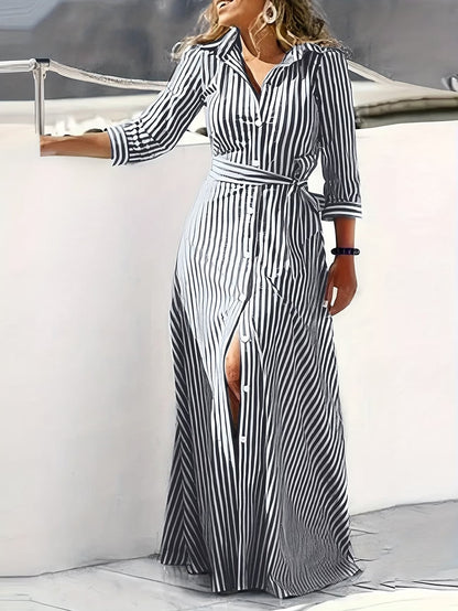 Tiffany | Casual Long Sleeve Striped Print Dress — Black — Alfa Empire, view 3