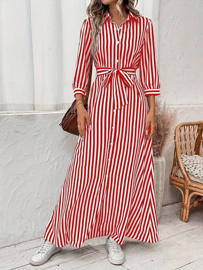 Tiffany | Casual Long Sleeve Striped Print Dress — Red — Alfa Empire, view 4