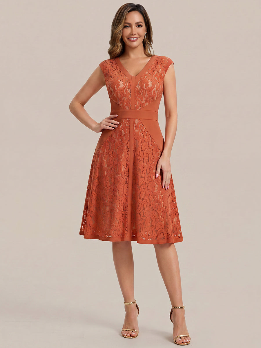 Lace See-through Sleeveless High Stretch Wedding Guest Dress — Burnt Orange