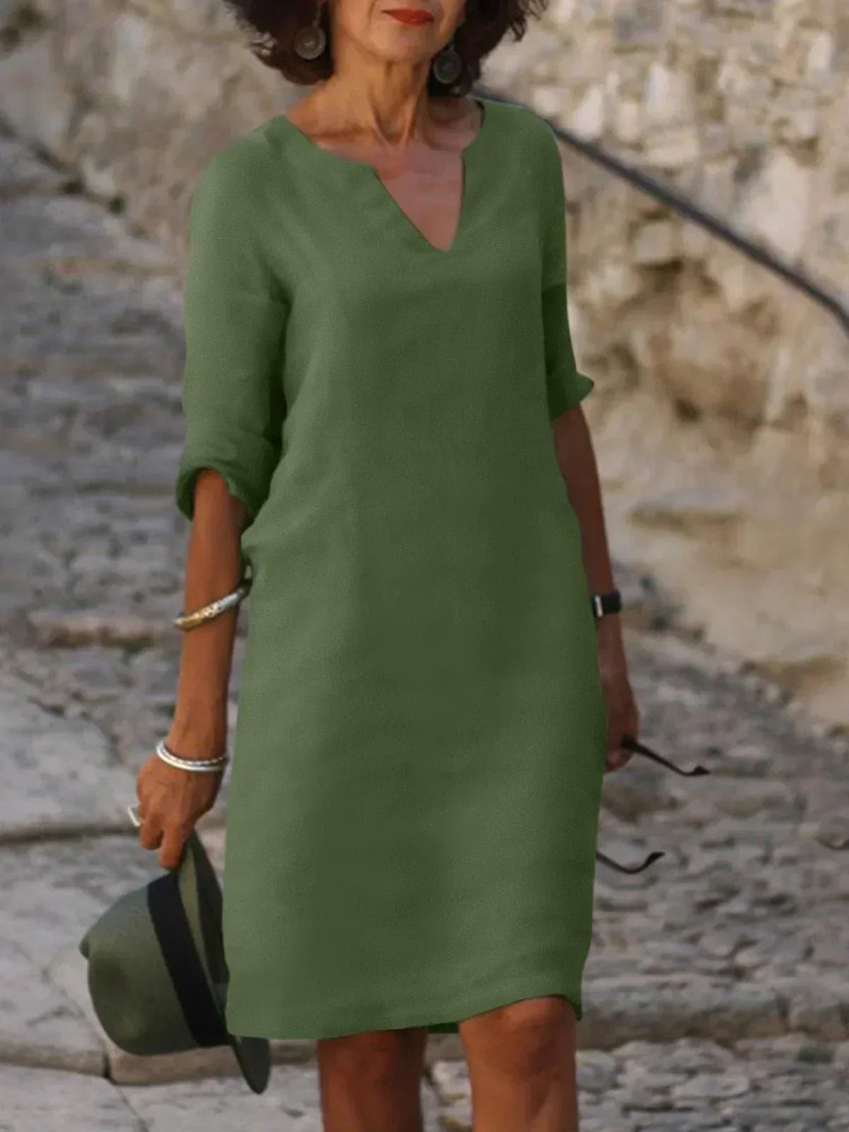 Valentina | Casual Mid Sleeve V-Neck Dress — Olive Green — Alfa Empire, view 3