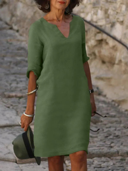Valentina | Casual Mid Sleeve V-Neck Dress — Olive Green — Alfa Empire, view 3