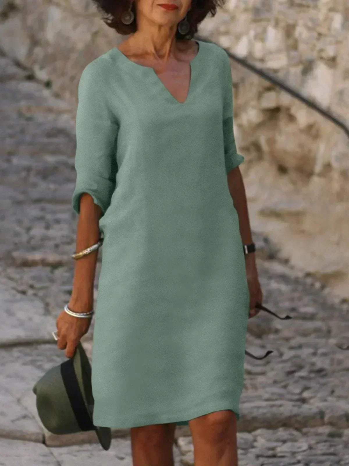 Valentina | Casual Mid Sleeve V-Neck Dress — Green — Alfa Empire, view 4