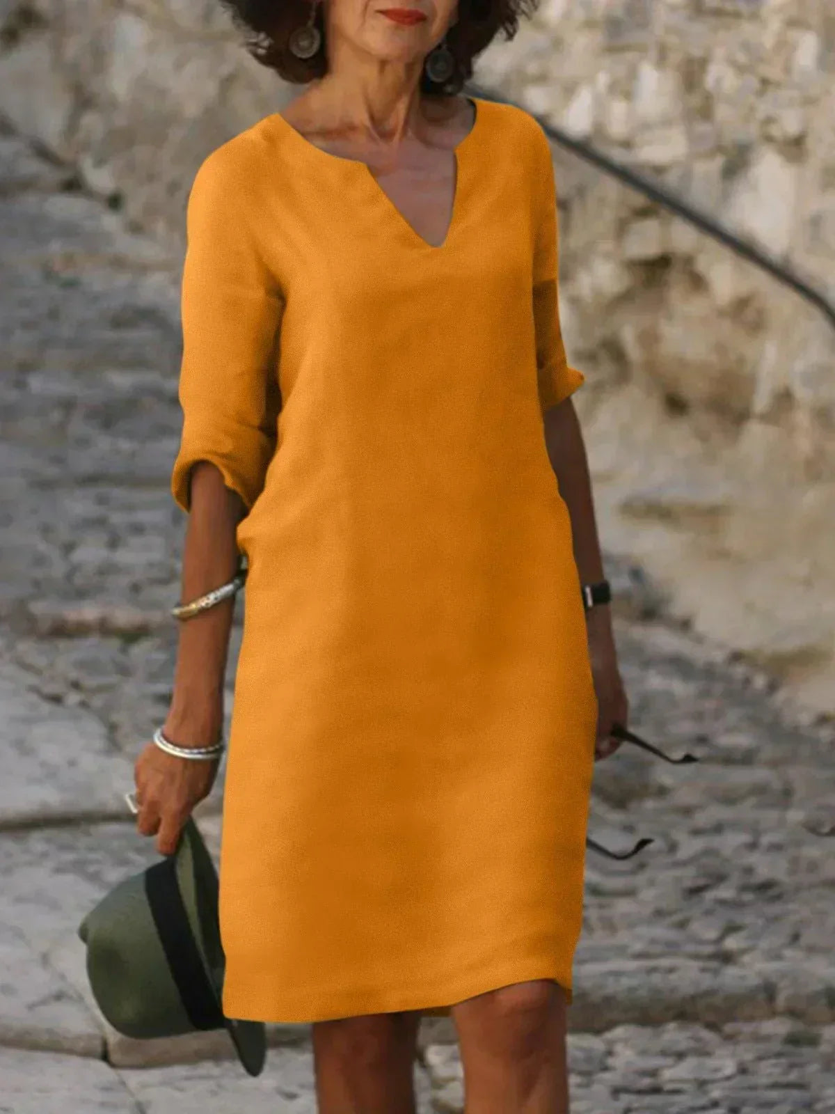 Valentina | Casual Mid Sleeve V-Neck Dress — Orange — Alfa Empire, view 5