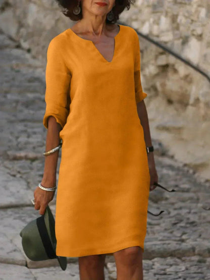Valentina | Casual Mid Sleeve V-Neck Dress — Orange — Alfa Empire, view 5