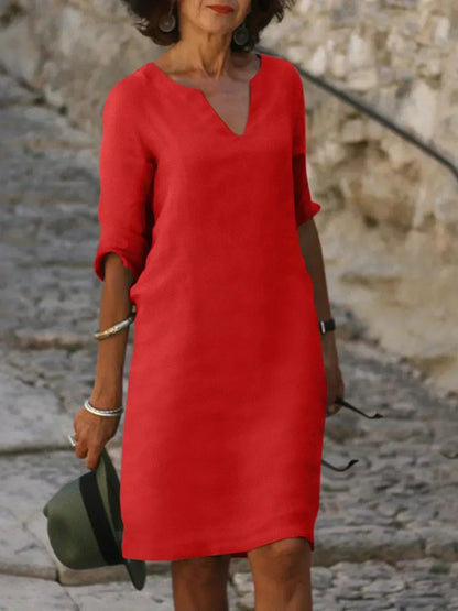 Valentina | Casual Mid Sleeve V-Neck Dress — Red — Alfa Empire, view 6
