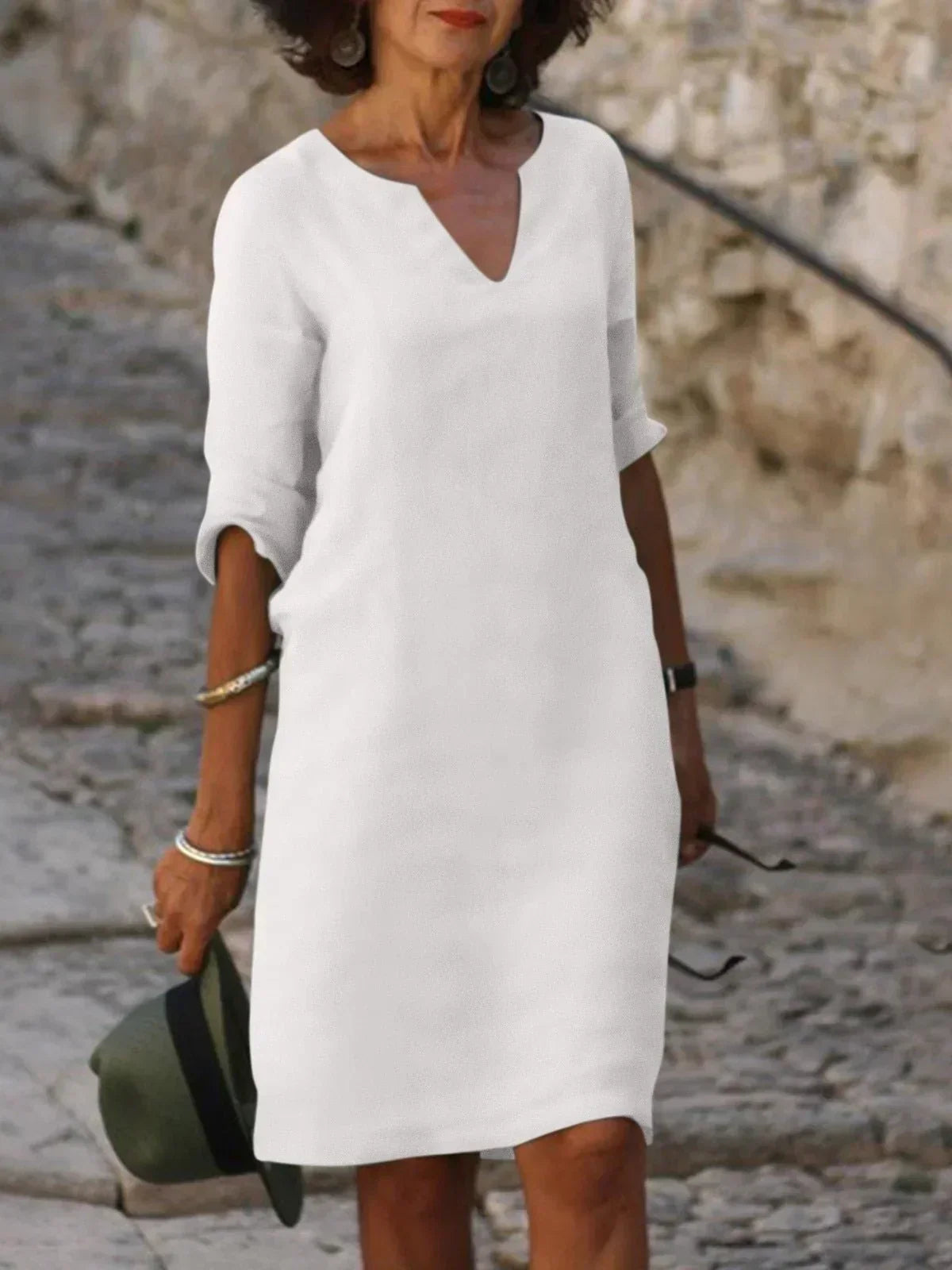 Valentina | Casual Mid Sleeve V-Neck Dress — White — Alfa Empire, view 7