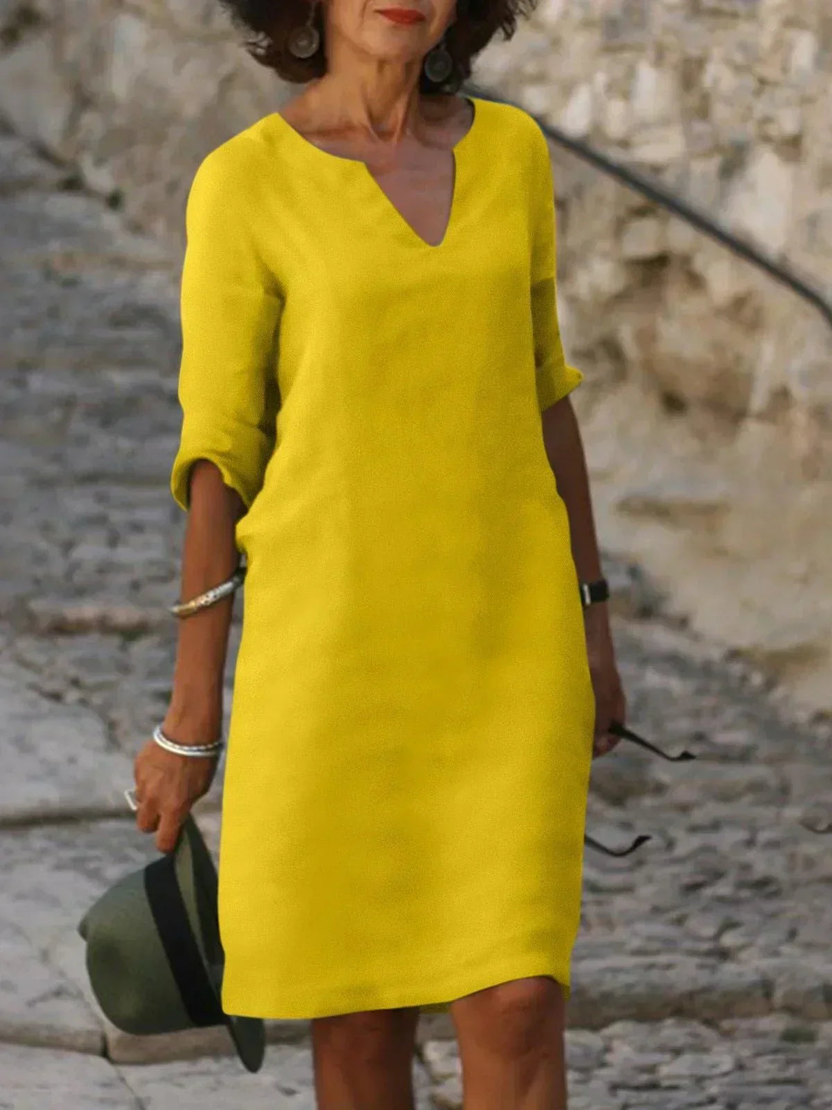 Valentina | Casual Mid Sleeve V-Neck Dress — Yellow — Alfa Empire, view 8