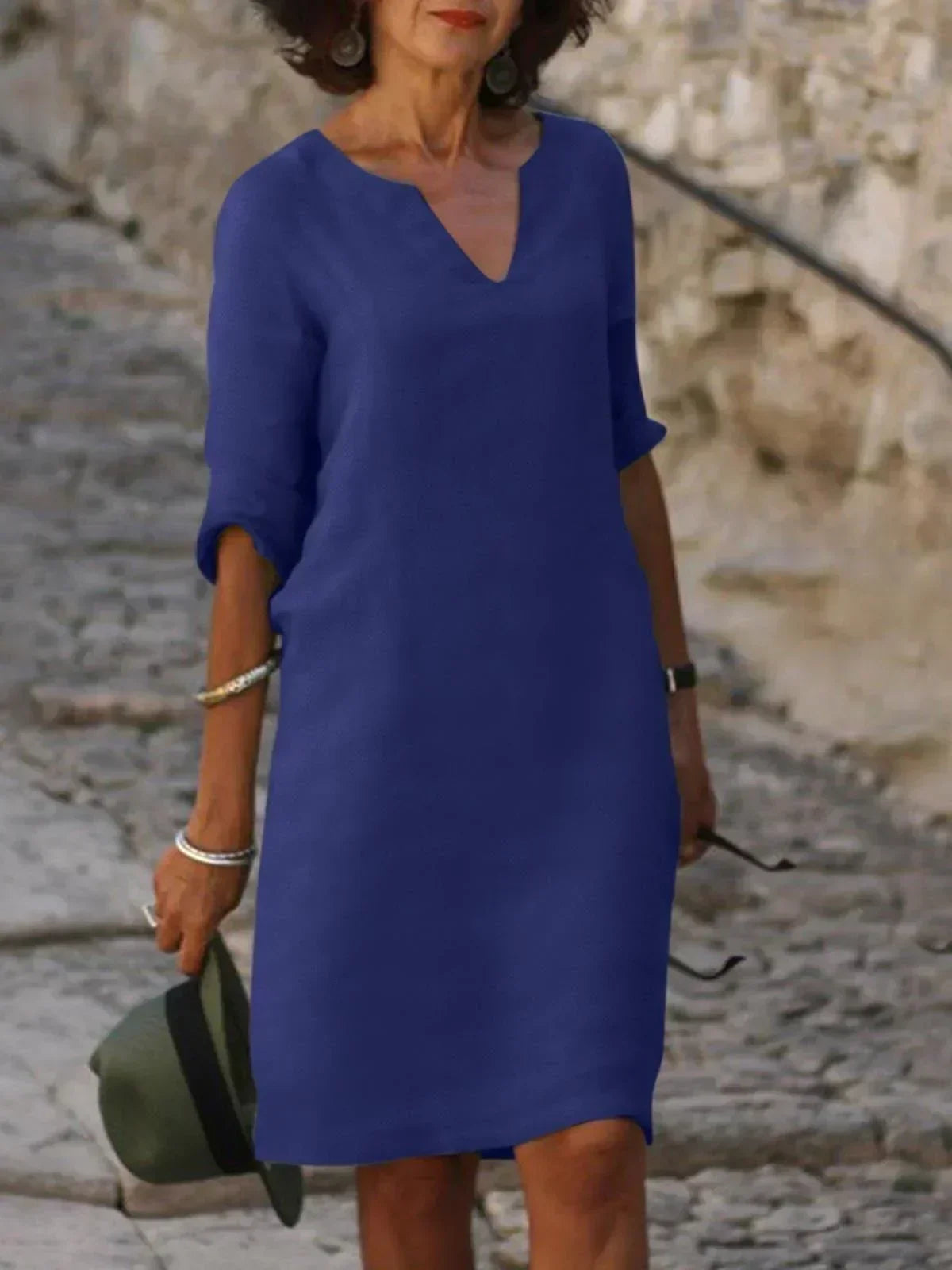 Valentina | Casual Mid Sleeve V-Neck Dress — Navy Blue — Alfa Empire, view 9