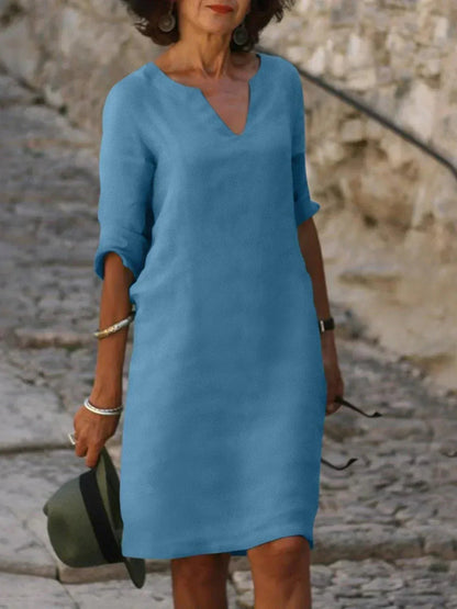 Valentina | Casual Mid Sleeve V-Neck Dress — Light Blue — Alfa Empire, view 10