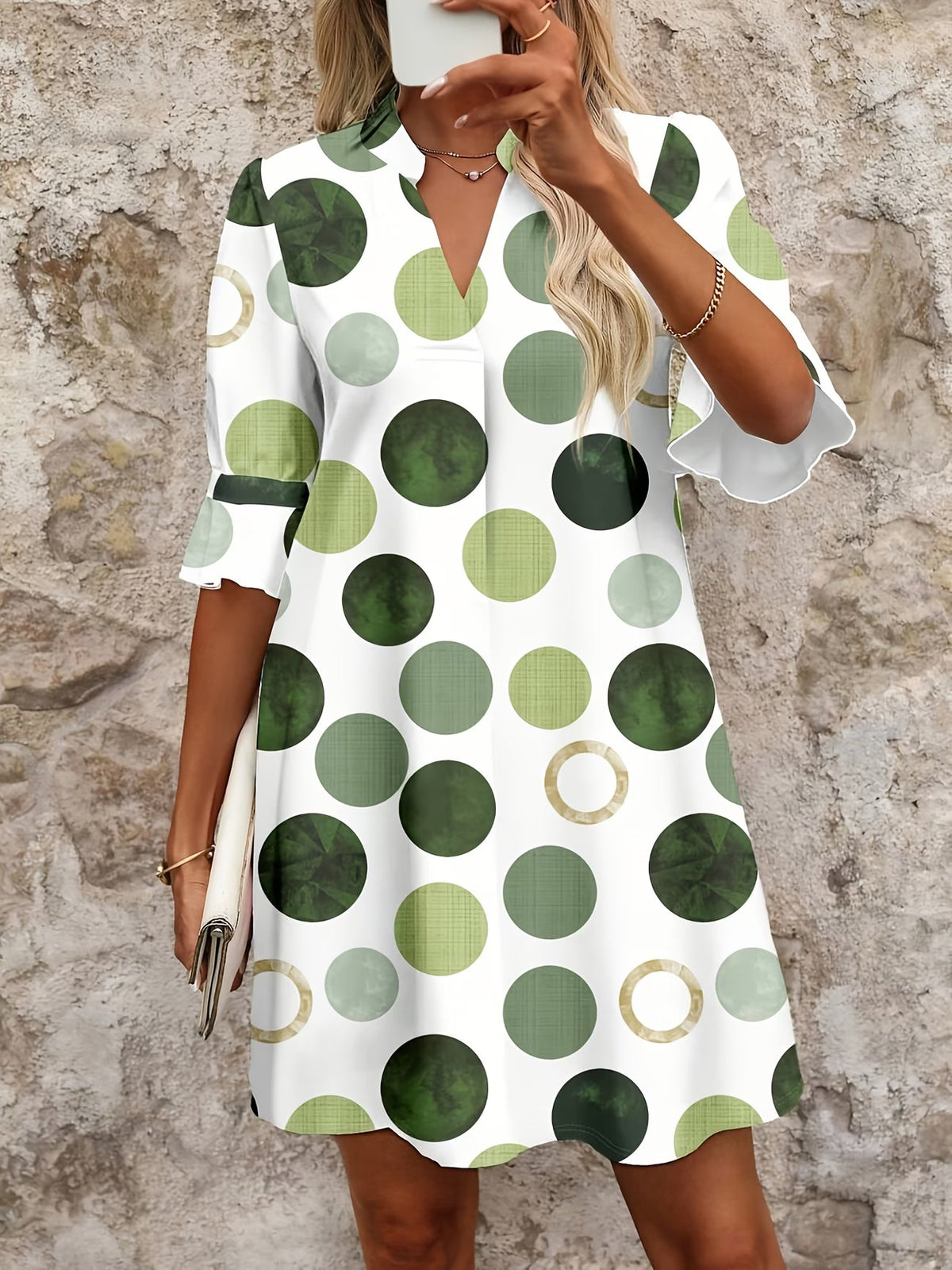 Veda | Modern Mid Sleeve Dotted Dress — Green — Alfa Empire, view 1