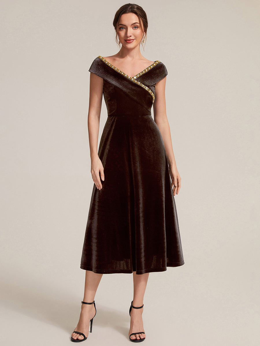 Velvet Cap Sleeve A-Line Wedding Guest Dress — Brown