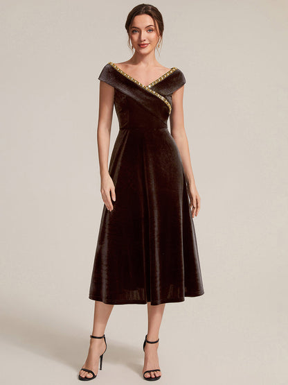 Velvet Cap Sleeve A-Line Wedding Guest Dress — Brown