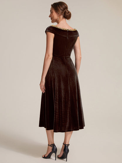 Velvet Cap Sleeve A-Line Wedding Guest Dress