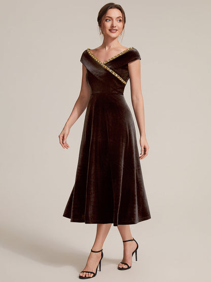 Velvet Cap Sleeve A-Line Wedding Guest Dress