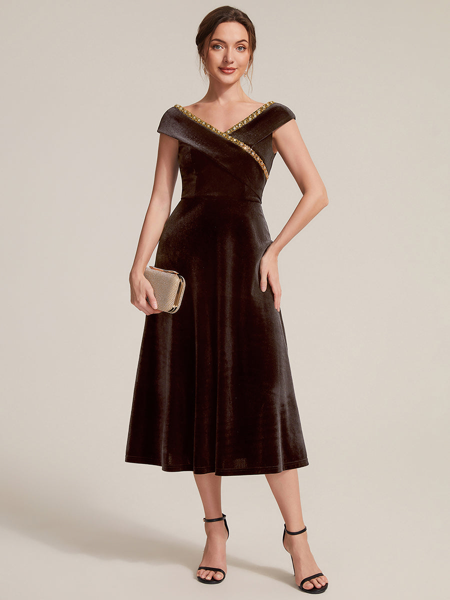 Velvet Cap Sleeve A-Line Wedding Guest Dress