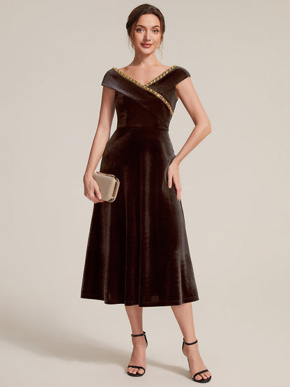 Velvet Cap Sleeve A-Line Wedding Guest Dress