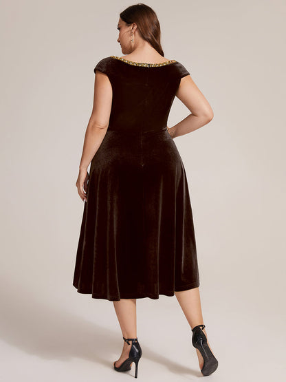 Velvet Cap Sleeve A-Line Wedding Guest Dress