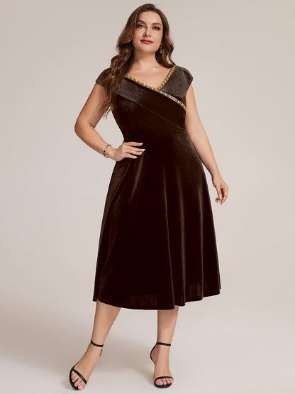 Velvet Cap Sleeve A-Line Wedding Guest Dress