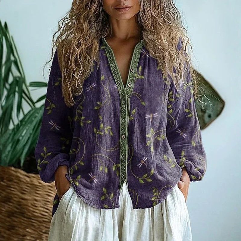 Verena | Refined Vintage Leaf Print Shirt — Purple — Alfa Empire, view 1