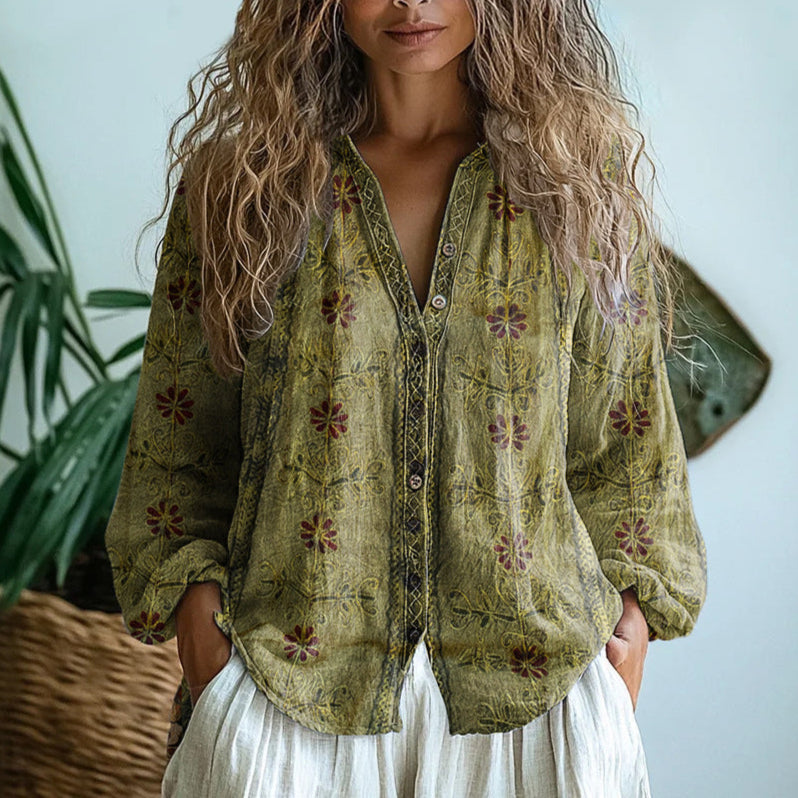 Verena | Refined Vintage Leaf Print Shirt — Green — Alfa Empire, view 3