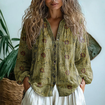 Verena | Refined Vintage Leaf Print Shirt — Green — Alfa Empire, view 3