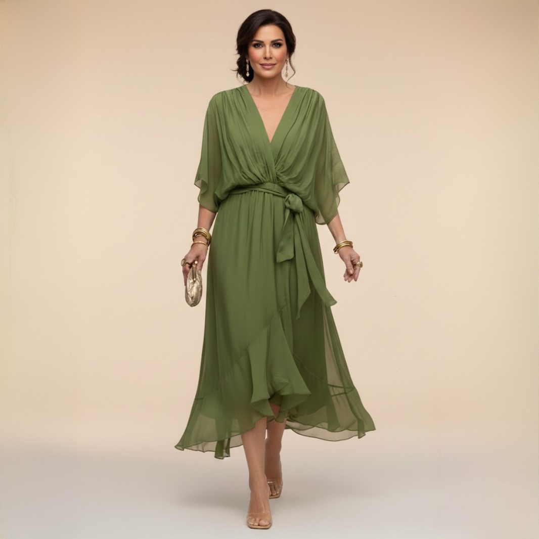 Verenia | Refined V-Neck Flowy Sleeve Dress — Green — Alfa Empire, view 1