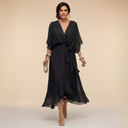 Verenia | Refined V-Neck Flowy Sleeve Dress — Black — Alfa Empire, view 2