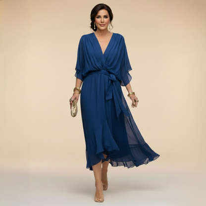 Verenia | Refined V-Neck Flowy Sleeve Dress — Blue — Alfa Empire, view 3