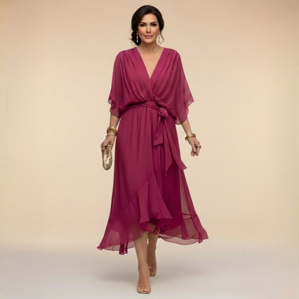 Verenia | Refined V-Neck Flowy Sleeve Dress — Dark Purple — Alfa Empire, view 4