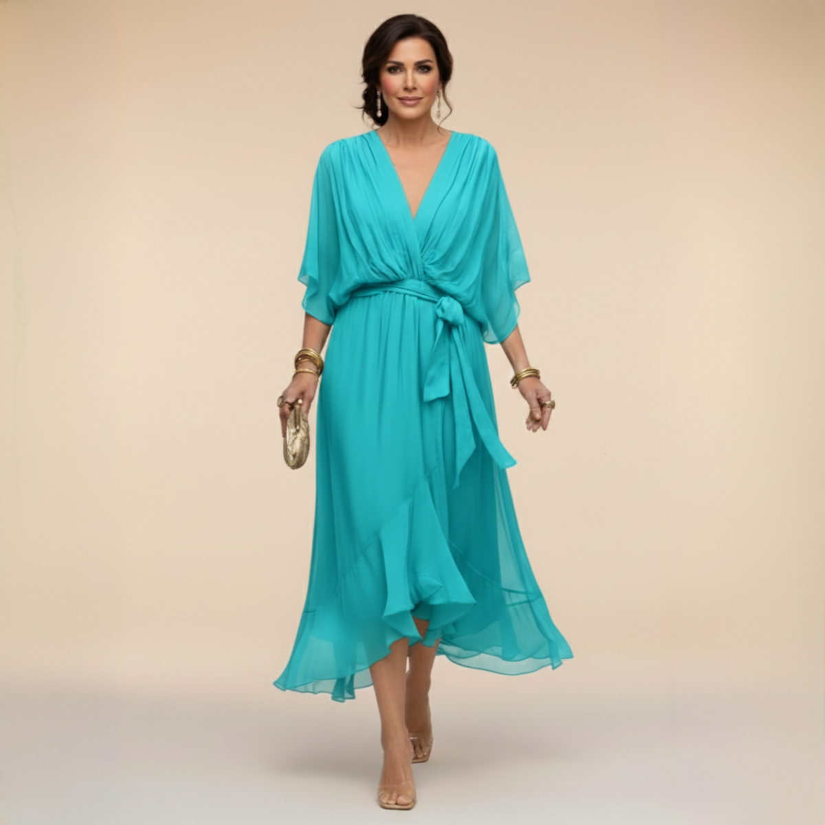 Verenia | Refined V-Neck Flowy Sleeve Dress — Navy Blue — Alfa Empire, view 5