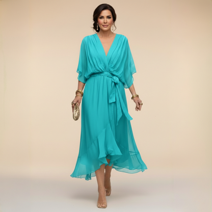 Verenia | Refined V-Neck Flowy Sleeve Dress — Navy Blue — Alfa Empire, view 5