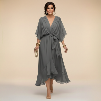 Verenia | Refined V-Neck Flowy Sleeve Dress — Gray — Alfa Empire, view 6