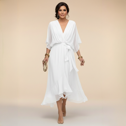 Verenia | Refined V-Neck Flowy Sleeve Dress — White — Alfa Empire, view 7