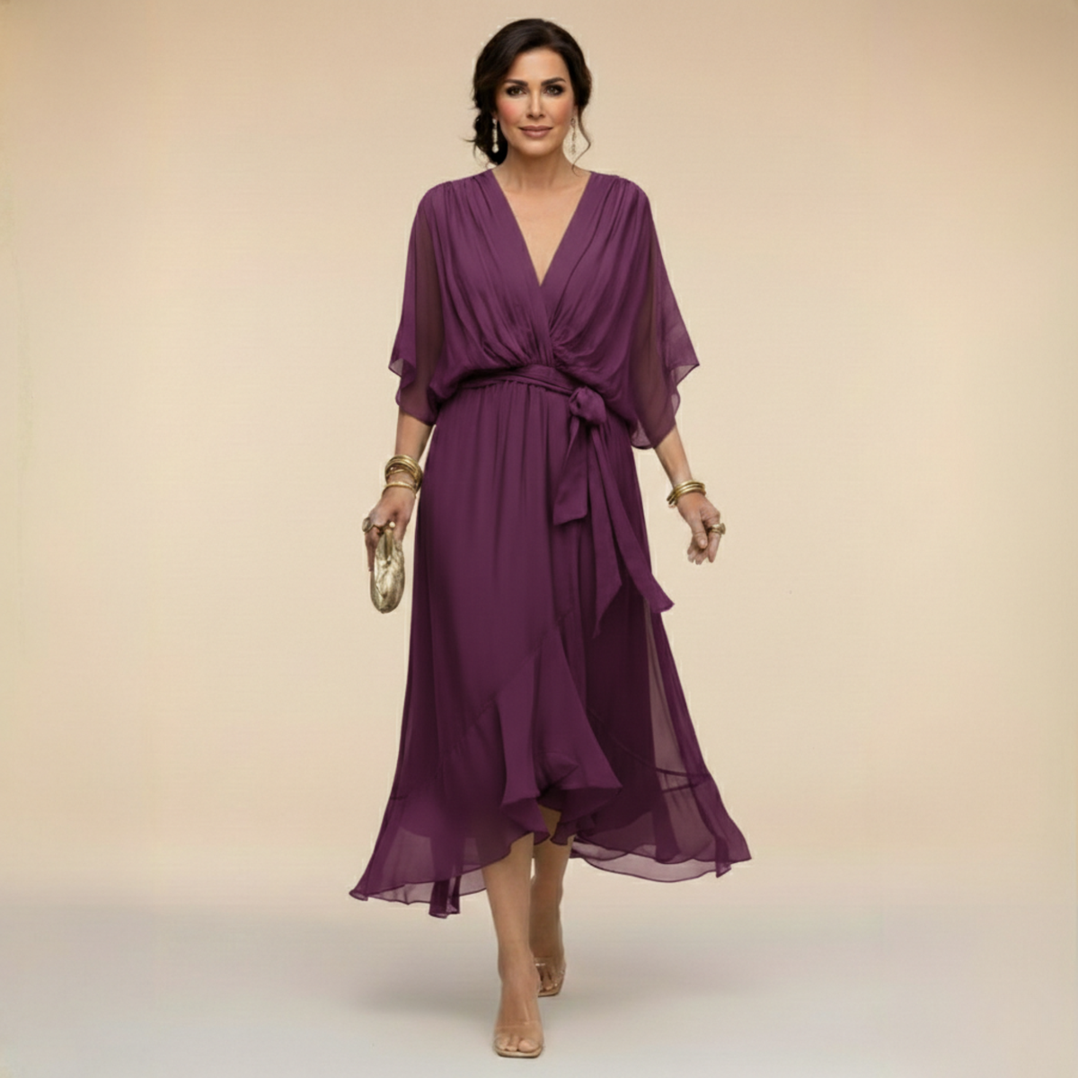 Verenia | Refined V-Neck Flowy Sleeve Dress — Purple — Alfa Empire, view 8