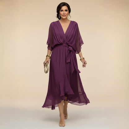 Verenia | Refined V-Neck Flowy Sleeve Dress — Purple — Alfa Empire, view 8