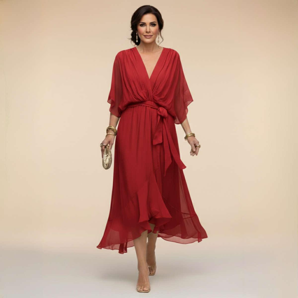 Verenia | Refined V-Neck Flowy Sleeve Dress — Red — Alfa Empire, view 9