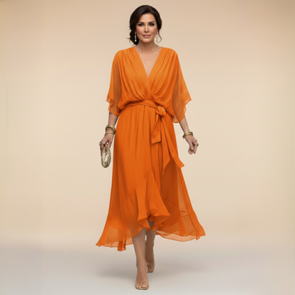Verenia | Refined V-Neck Flowy Sleeve Dress — Orange — Alfa Empire, view 10