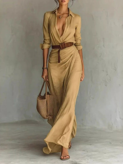 Verity | Refined Belted Long Sleeve Maxi Dress — Khaki — Alfa Empire, view 1