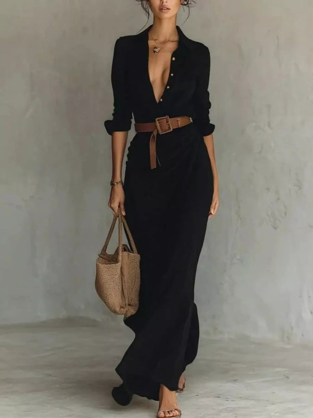 Verity | Refined Belted Long Sleeve Maxi Dress — Black — Alfa Empire, view 4