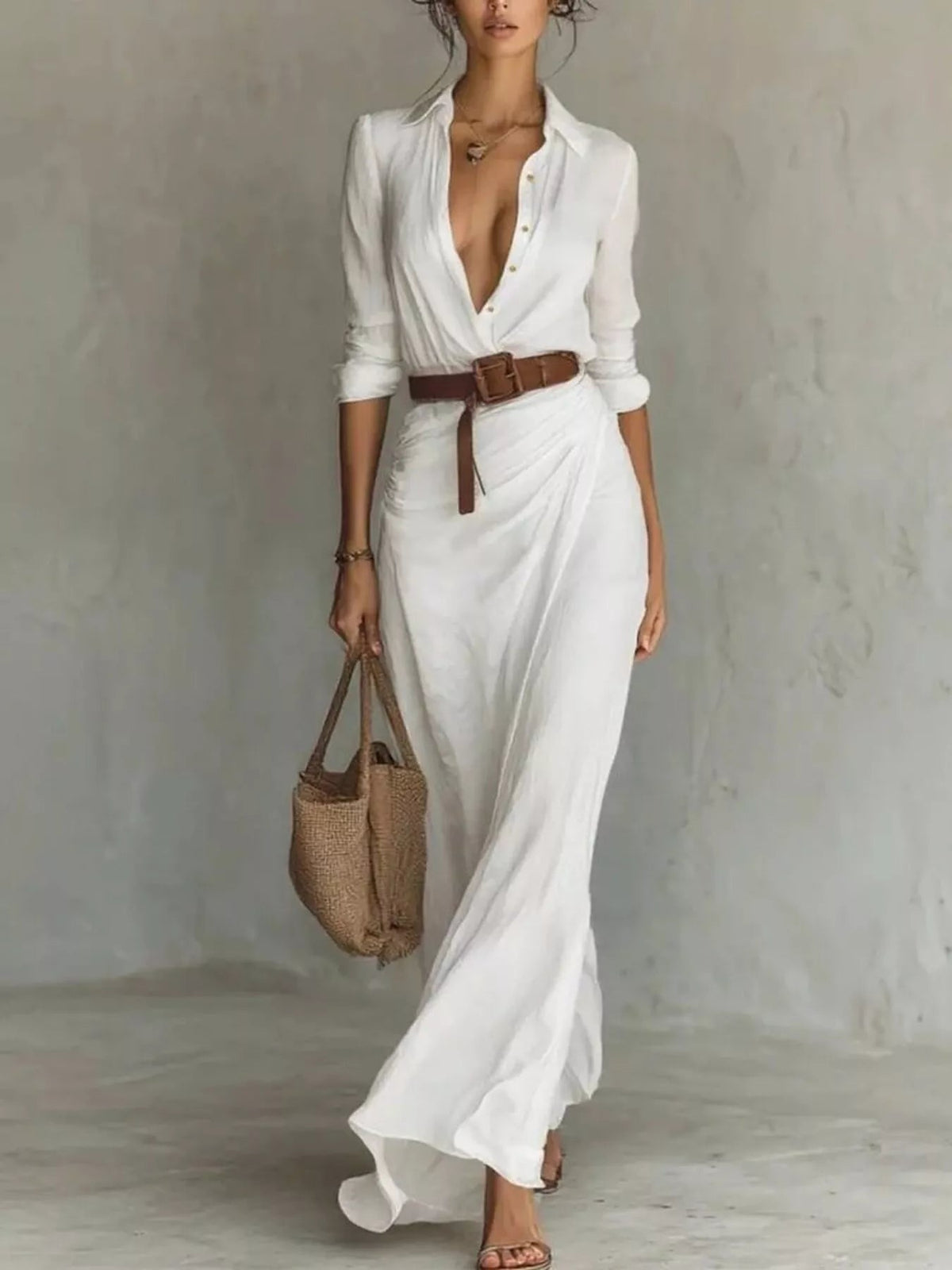 Verity | Refined Belted Long Sleeve Maxi Dress — White — Alfa Empire, view 7