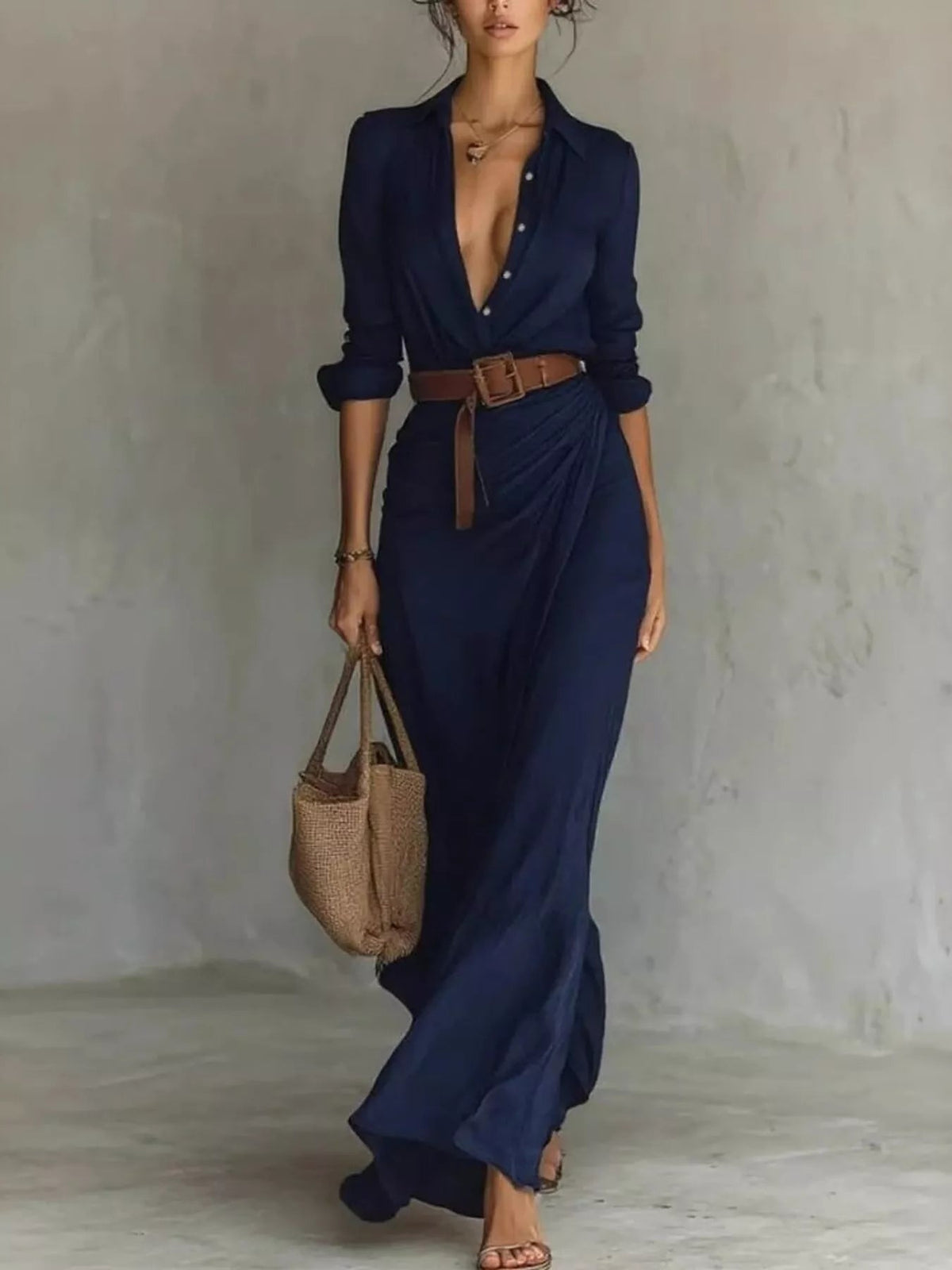 Verity | Refined Belted Long Sleeve Maxi Dress — Navy Blue — Alfa Empire, view 10