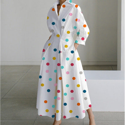 Vienna | Refined Front Wrap Collared Maxi Dress — Rainbow Polka — Alfa Empire, view 4