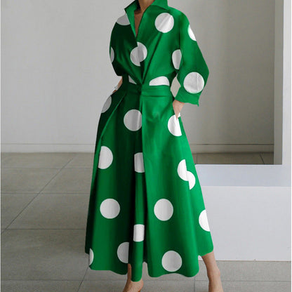 Vienna | Refined Front Wrap Collared Maxi Dress — Green Polka — Alfa Empire, view 11