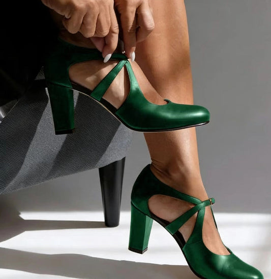 Violet | Refined Comfort Strap Heels — Green — Alfa Empire, view 2