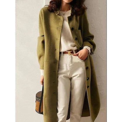 Women's Button-Front Long Jacket with Pockets — Green — Alfa Empire, view 1