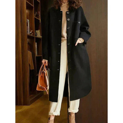 Women's Button-Front Long Jacket with Pockets — Black — Alfa Empire, view 2